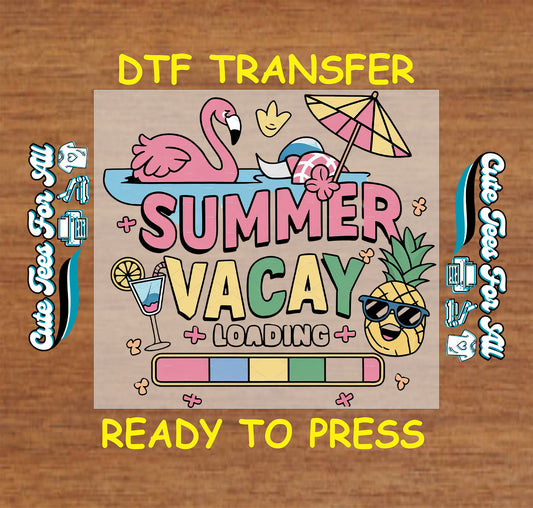 Summer Vacay Loading with flamingo float, umbrella, pineapple, drink, and progress bar.