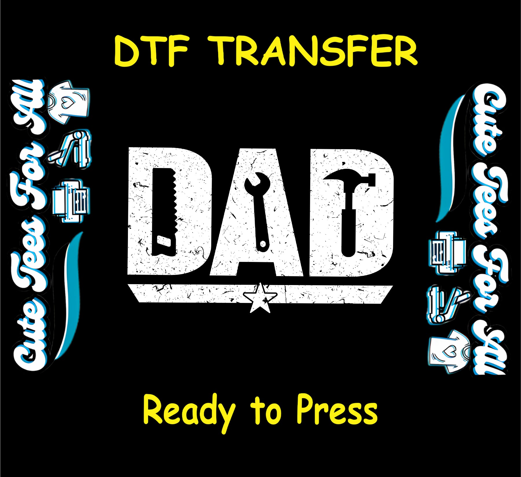 White “DAD” text on black background made of saw, wrench, and hammer icons with a star base.