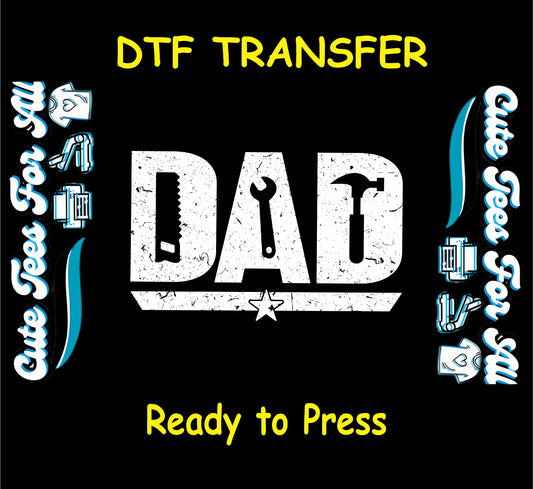 White “DAD” text on black background made of saw, wrench, and hammer icons with a star base.