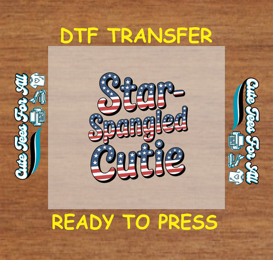 “Star-Spangled Cutie” text in red, white, and blue flag pattern with stars and stripes.