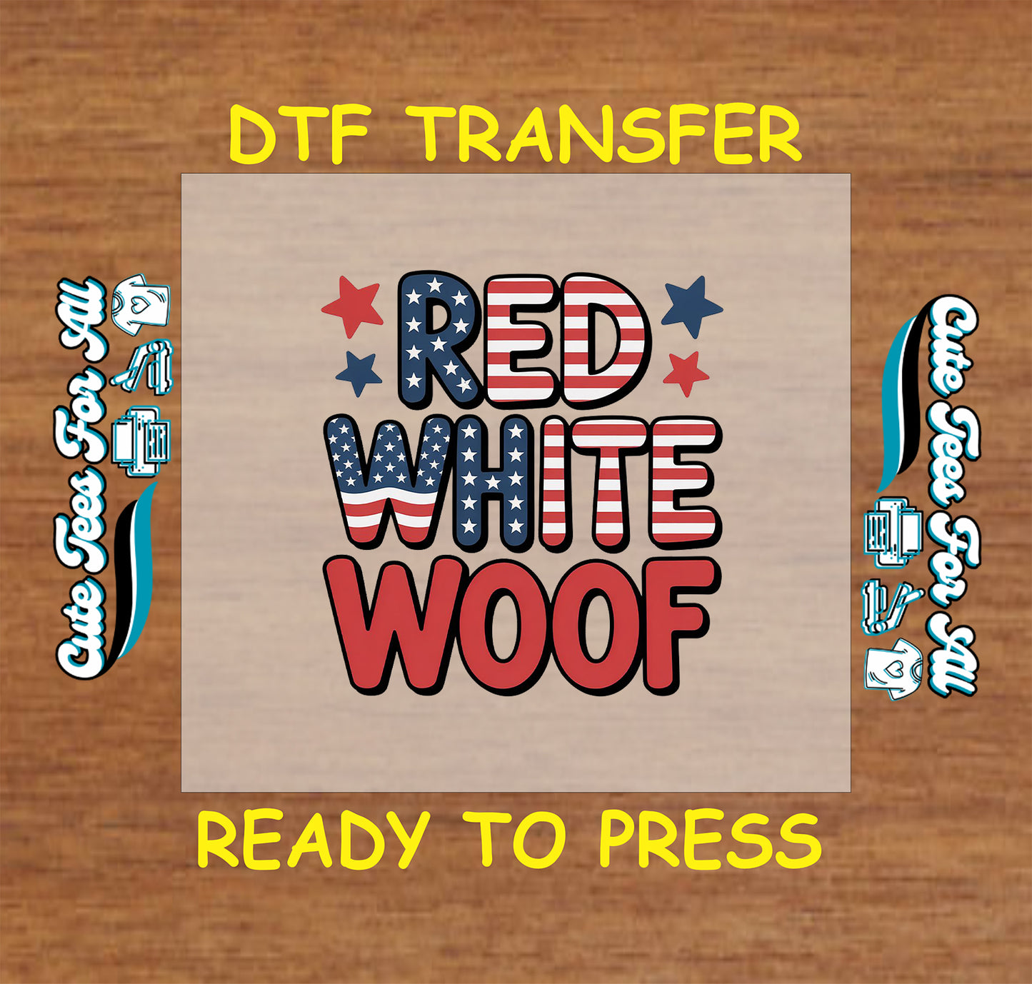 “Red White Woof” patriotic text with stars and USA flag patterns.