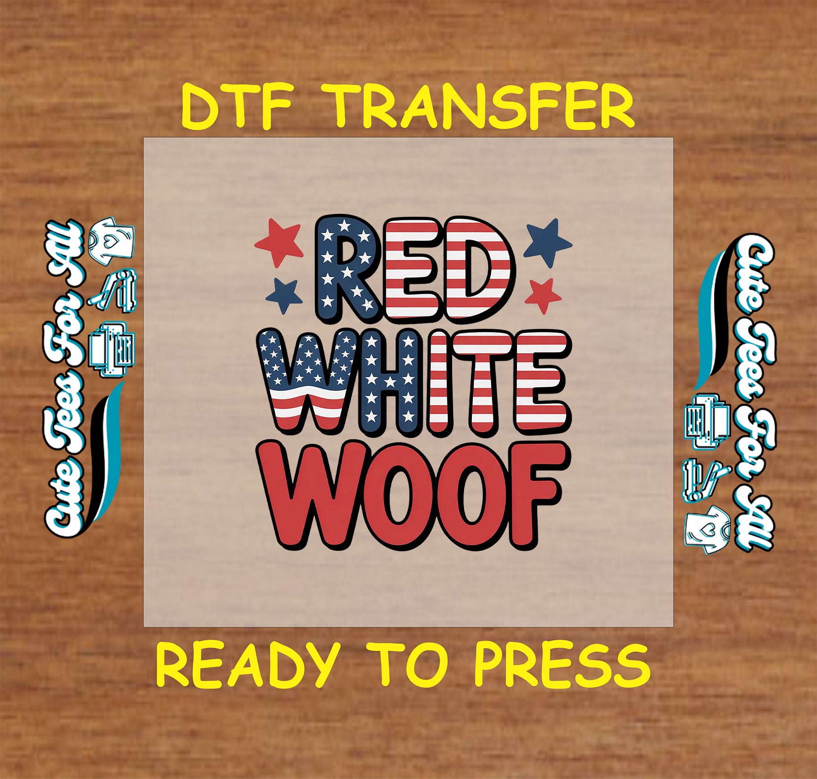 “Red White Woof” patriotic text with stars and USA flag patterns.