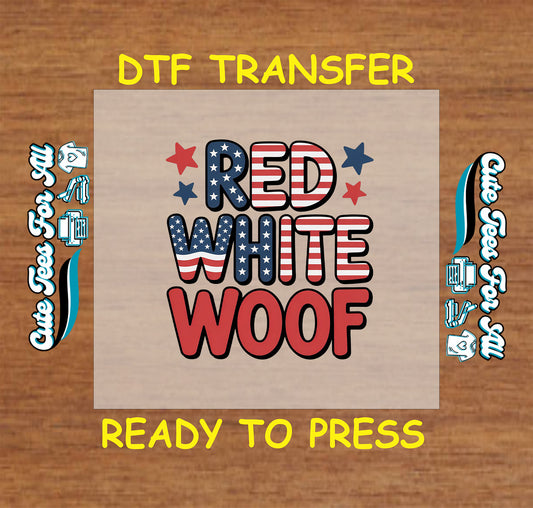 “Red White Woof” patriotic text with stars and USA flag patterns.