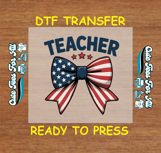 Teacher text with patriotic stars and stripes bow and three red stars.