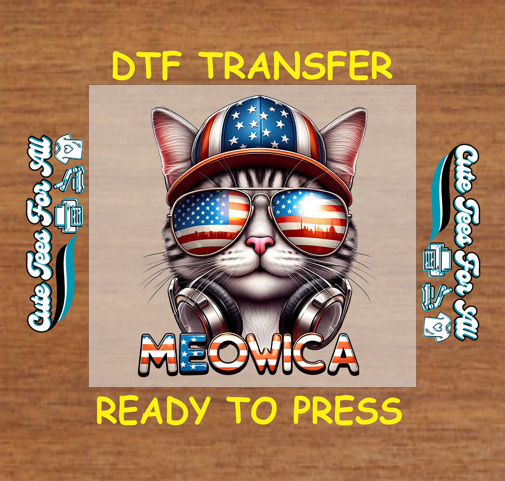 Cat wearing USA flag sunglasses and hat with "Meowica" text.