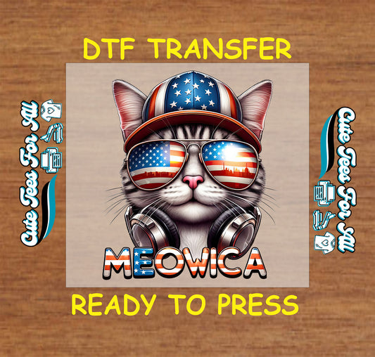 Cat wearing USA flag sunglasses and hat with "Meowica" text.