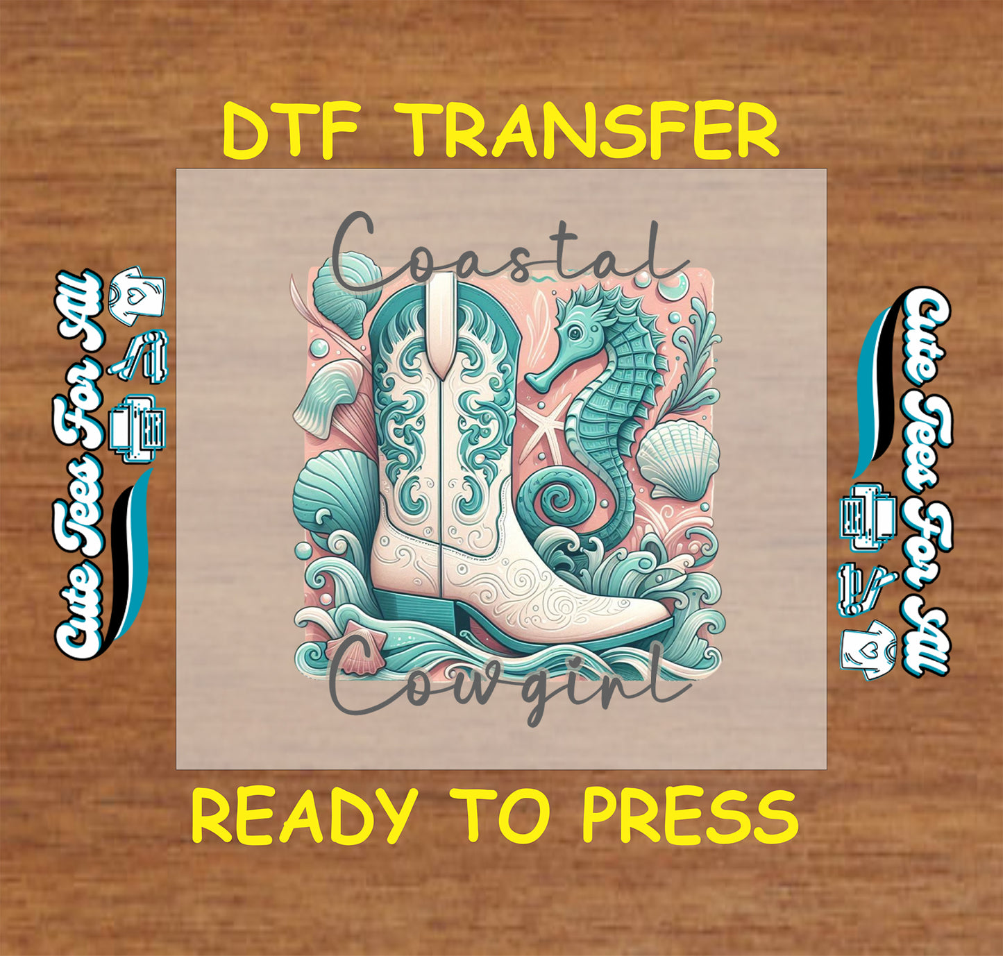 Coastal cowgirl DTF with white boot, seahorse, seashells, and ocean accents.