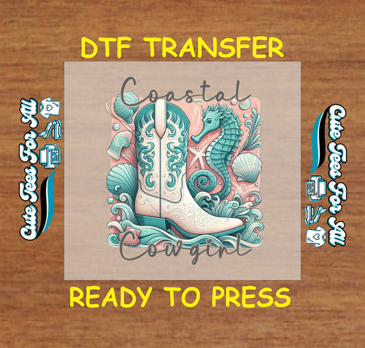 Coastal cowgirl DTF with white boot, seahorse, seashells, and ocean accents.