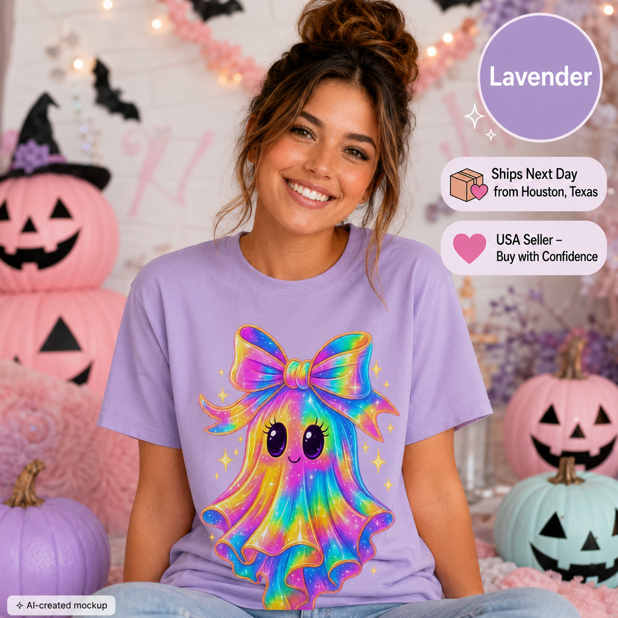 A woman wearing a lavender graphic t-shirt with a colorful rainbow ghost design, posed in a festive Halloween-themed room with pumpkins and decorative lights. Text overlays on the right indicate 'Lavender', 'Ships Next Day from Houston, Texas', and 'USA Seller - Buy with Confidence'.