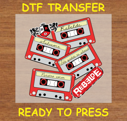 DTF transfer featuring red cassette tapes with titles of Latin Pop Group songs  perfect for custom apparel.