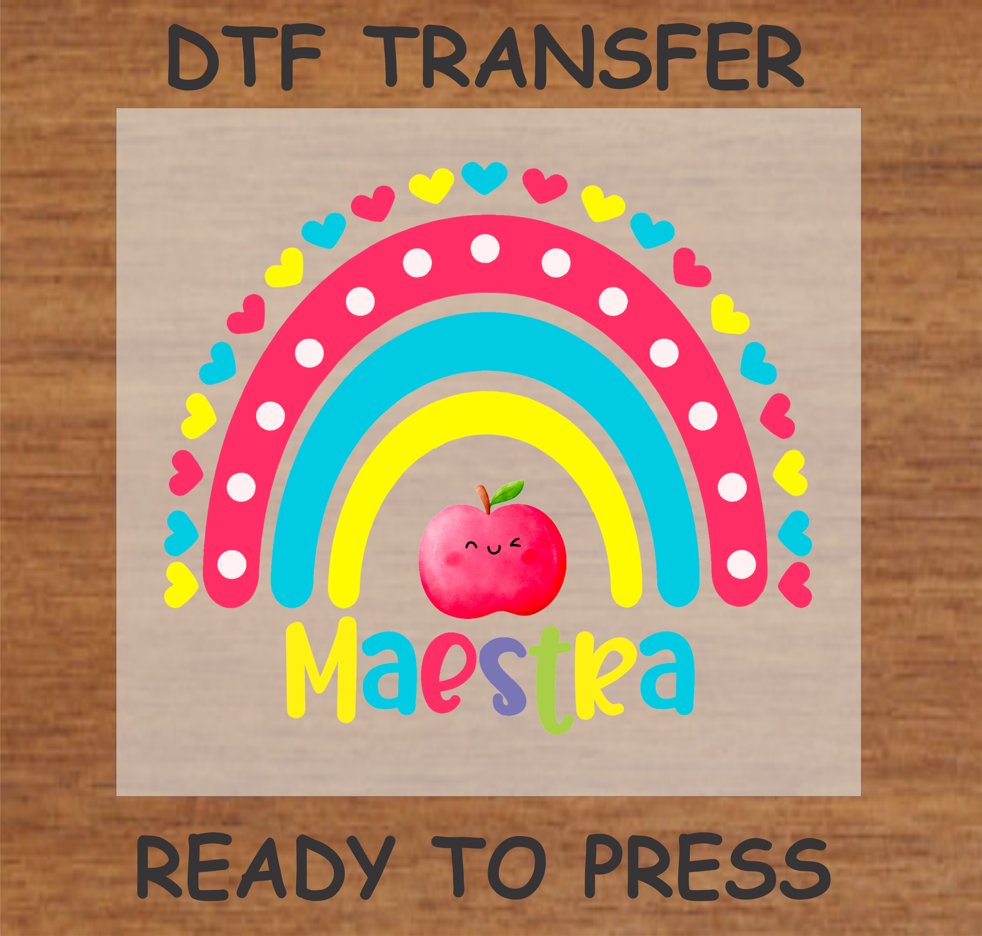 "Bright and cheerful 'Maestra' DTF transfer with a colorful rainbow and a cute apple graphic. Ideal for custom t-shirts to celebrate and appreciate teachers. Ready to press, perfect for personalized gifts for educators."