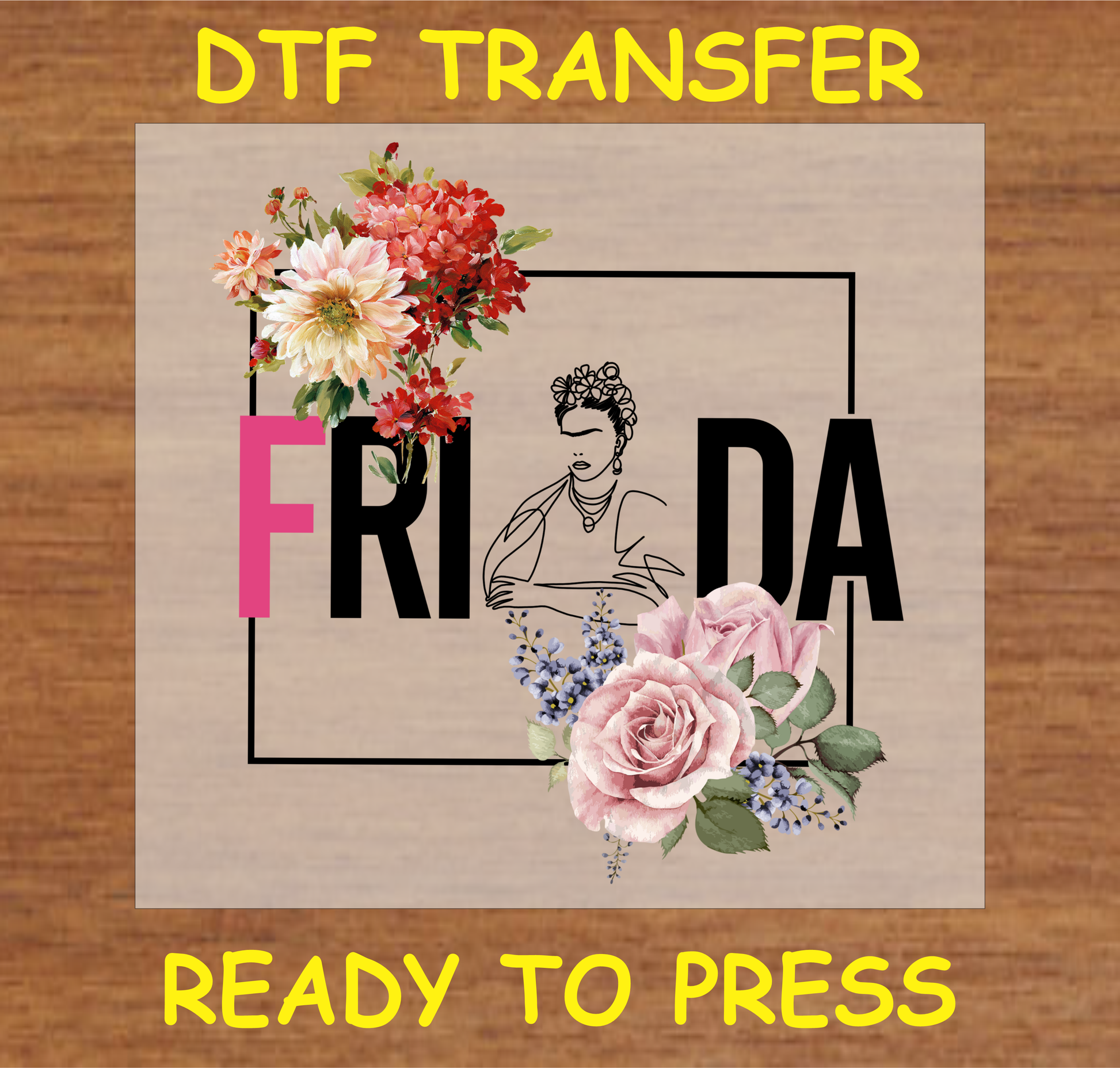 Floral line art DTF transfer with bold text and vibrant flowers, ready to press