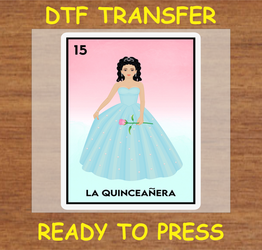 'La Quinceañera' DTF transfer with a girl in a blue gown holding a rose, ready to press