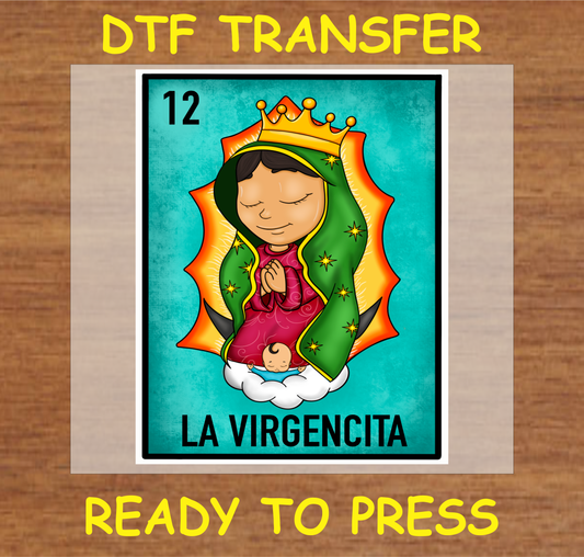 'La Virgencita' DTF transfer with a traditional depiction of the Virgin Mary, ready to press