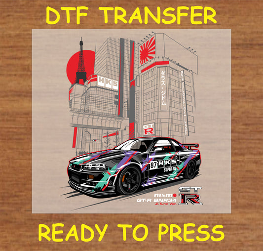 "DTF Transfer featuring a Nismo GT-R BNR34 with a cityscape design"