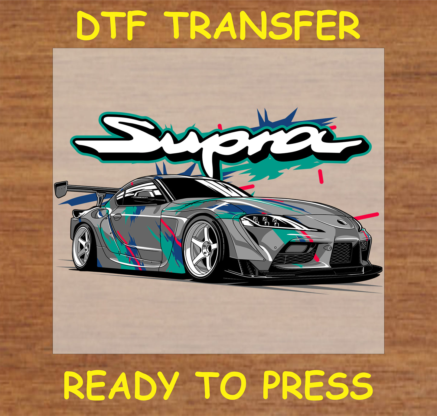 "DTF Transfer featuring a dynamic car design"