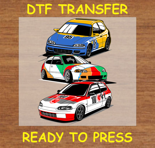 "DTF transfer design featuring three colorful cars ready to press"