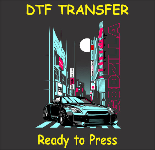"DTF transfer design featuring a stylish car and city background ready for application"