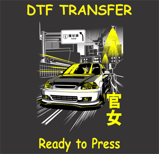 "DTF transfer design featuring a dynamic car in an urban setting ready for application"