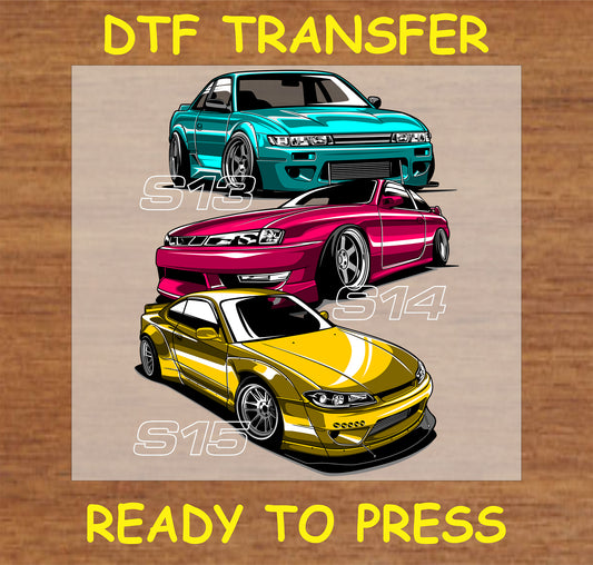 "DTF transfer design featuring S13, S14, and S15 cars ready for application"