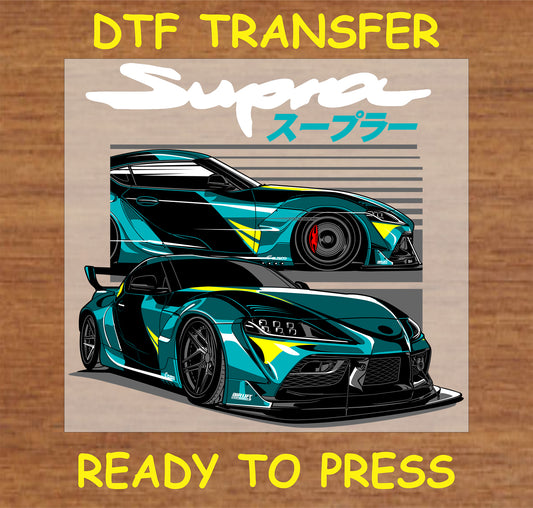 "DTF transfer design featuring two sleek sports cars ready for application"