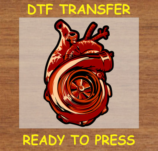 "DTF transfer design featuring a heart and turbocharger ready for application"