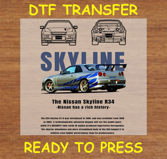 "DTF transfer design featuring the Skyline R34 and detailed illustrations ready for application"