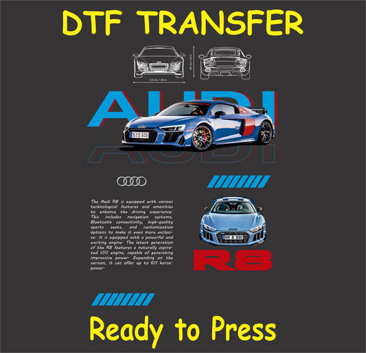 "Audi R8 DTF Transfer showcasing a high-performance sports car with detailed illustrations"
