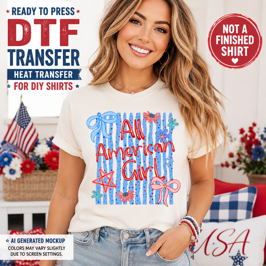 Woman wearing a 'All American Girl' t-shirt with patriotic design, surrounded by American flags and flowers.