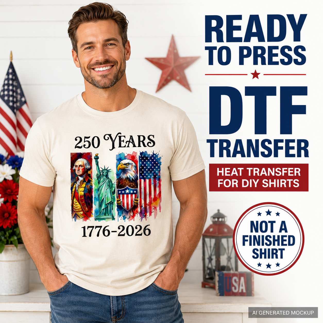 Man wearing a t-shirt with a 250th anniversary design, surrounded by patriotic decor.