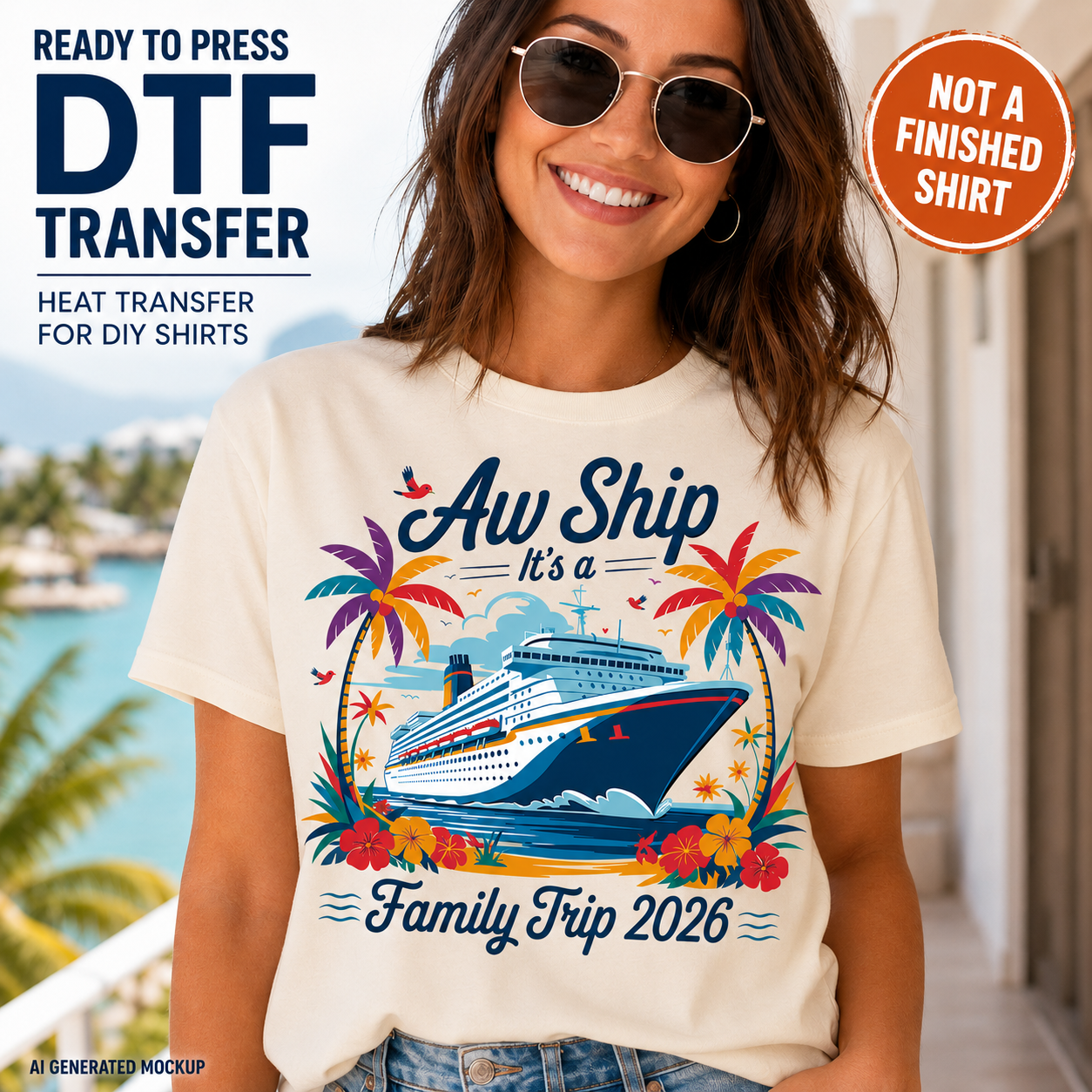 Woman wearing a t-shirt with a cruise ship design and text, with promotional text about DTF transfers.