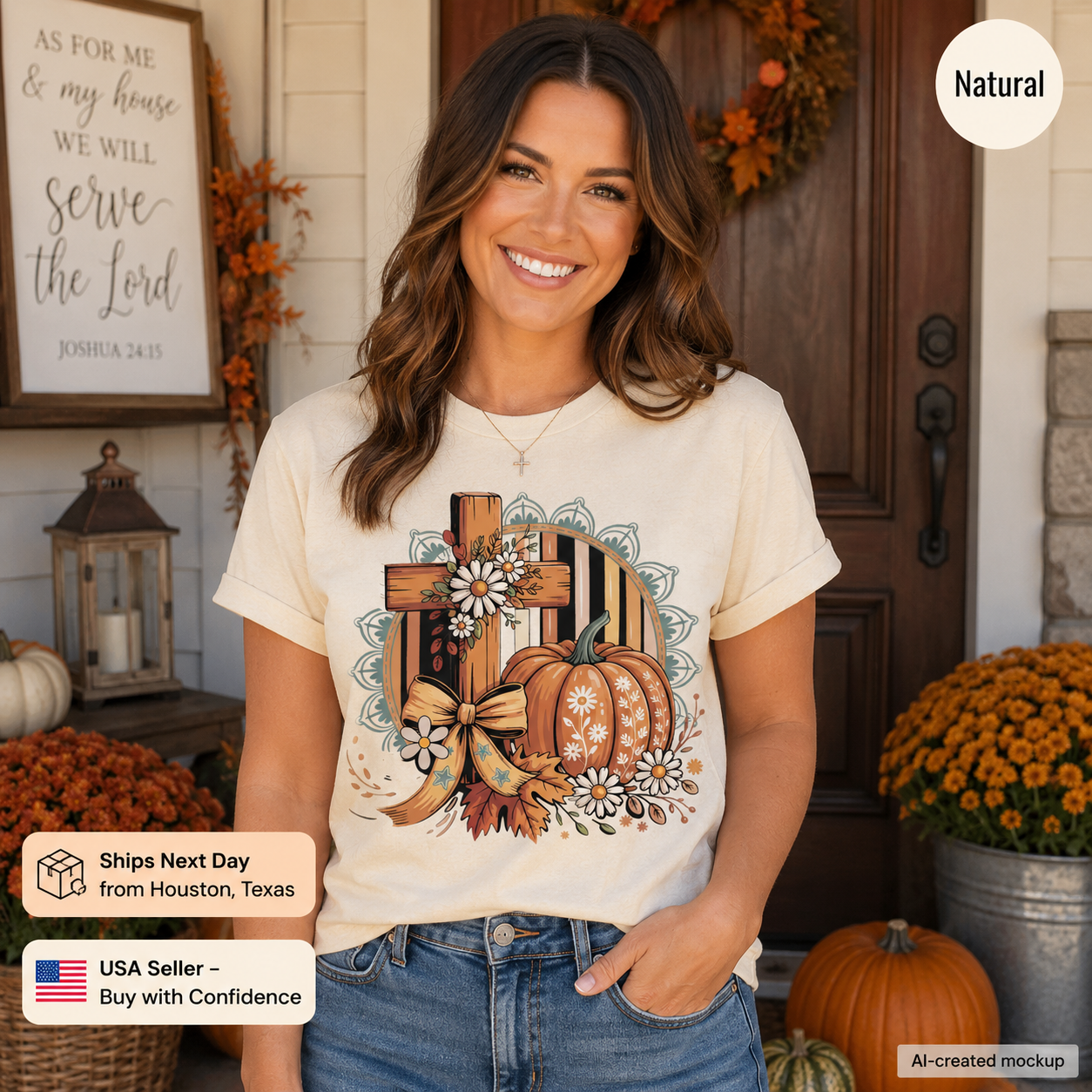 A woman wearing a cream-colored graphic t-shirt with a fall-themed design featuring a cross, pumpkins, and flowers, posed in front of a decorated autumn door.