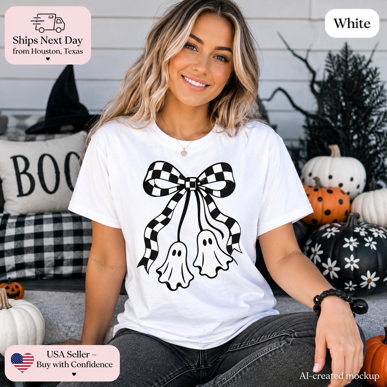 A woman wearing a white graphic T-shirt with a black-and-white checkered bow and ghost design, seated in a fall-themed setting with pumpkins and a BOO pillow. Text overlays indicate 'White' and shipping/mockup details.