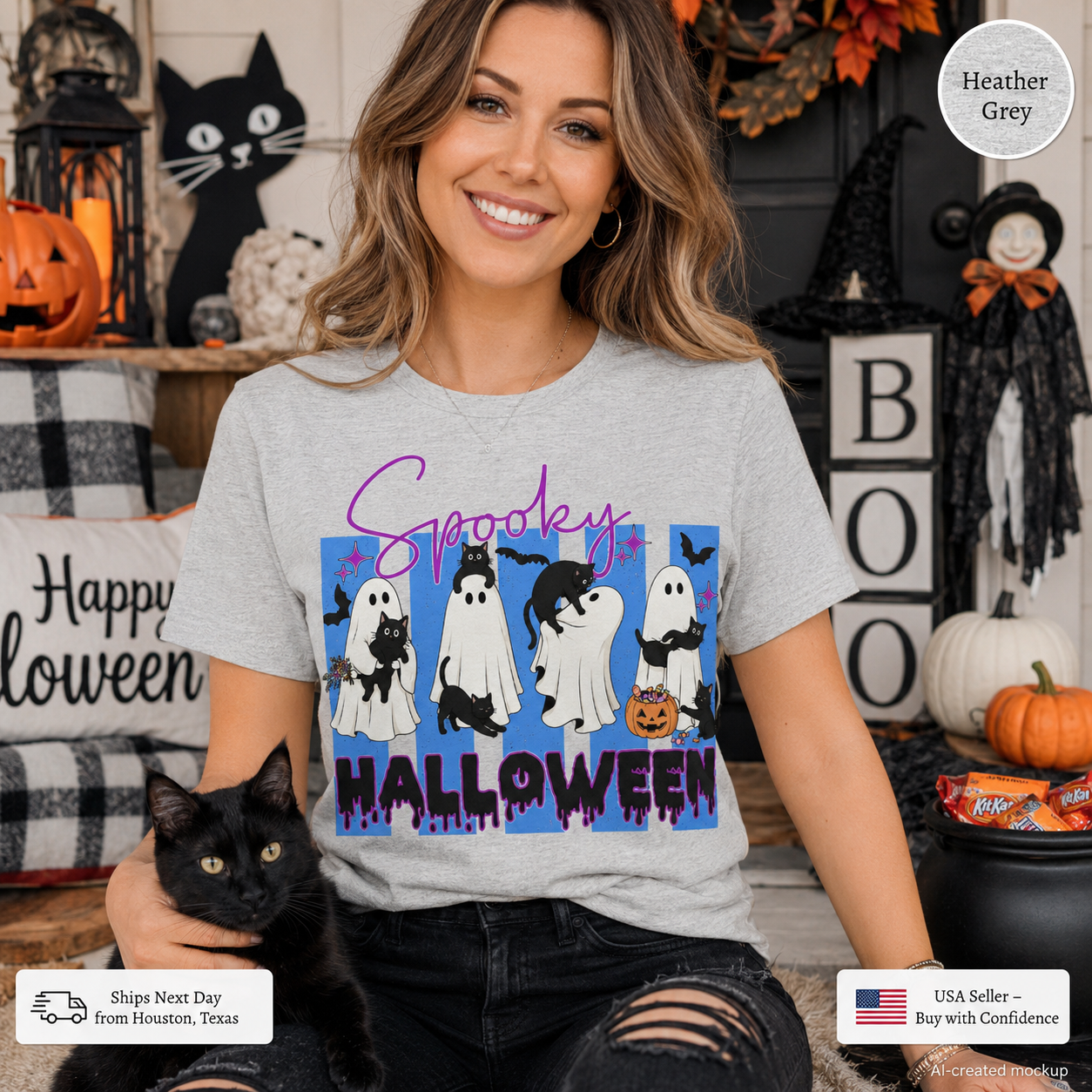 A woman wearing a light heather gray t-shirt with a 'Spooky Halloween' graphic print, holding a black cat in a decorated Halloween-themed room. The graphic features cartoon ghosts, a cat, and a pumpkin on a blue background with purple text.