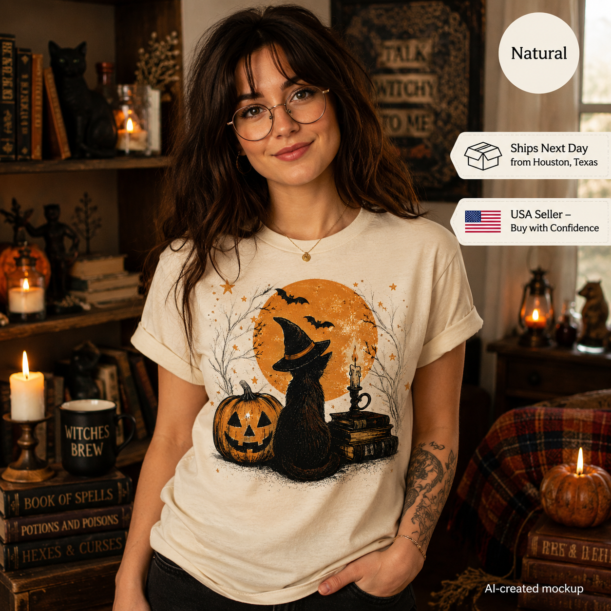 A woman wearing a cream-colored graphic t-shirt with a Halloween design featuring a witch's hat, a jack-o'-lantern, and a black cat in front of an orange moon. The background is a cozy, dimly lit room with books and candles.