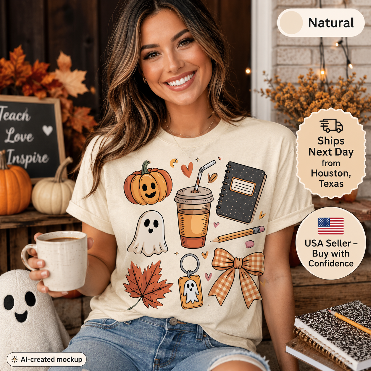 A woman wearing a cream-colored graphic t-shirt with a Halloween-themed print of a pumpkin, coffee cup, ghost, notebook, and bow. The scene is set in a cozy autumn-themed room with pumpkins, fall leaves, and warm lighting, with promotional badges on the right.