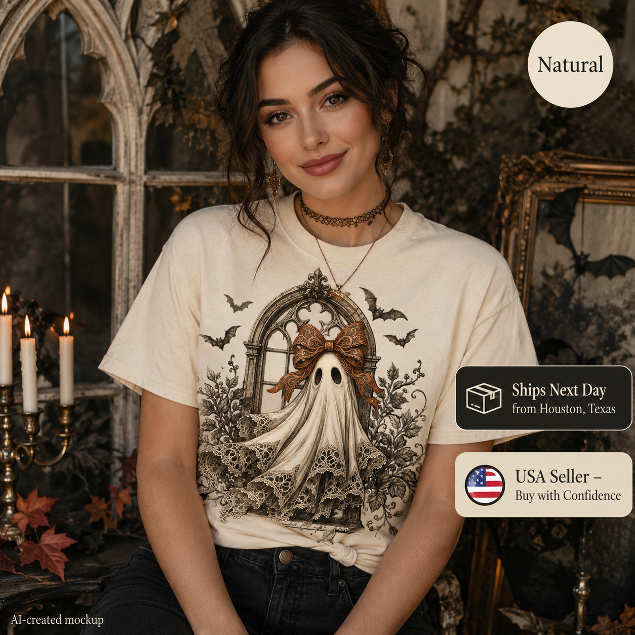 A woman wearing a cream-colored graphic t-shirt with a gothic Halloween design featuring a ghost, bats, and a bow. The image includes promotional badges for 'Natural' color, 'Ships Next Day' from Houston, Texas, and 'USA Seller - Buy with Confidence'.