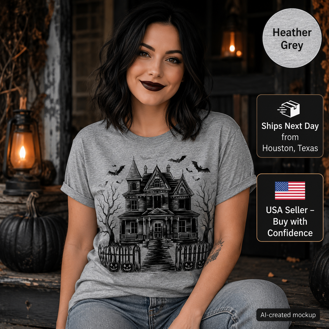 A woman wearing a heather grey t-shirt with a black graphic of a haunted house, sitting in a spooky, dark setting with lanterns and pumpkins. Text overlays on the right indicate 'Heather Grey', 'Ships Next Day from Houston, Texas', and 'USA Seller - Buy with Confidence'.
