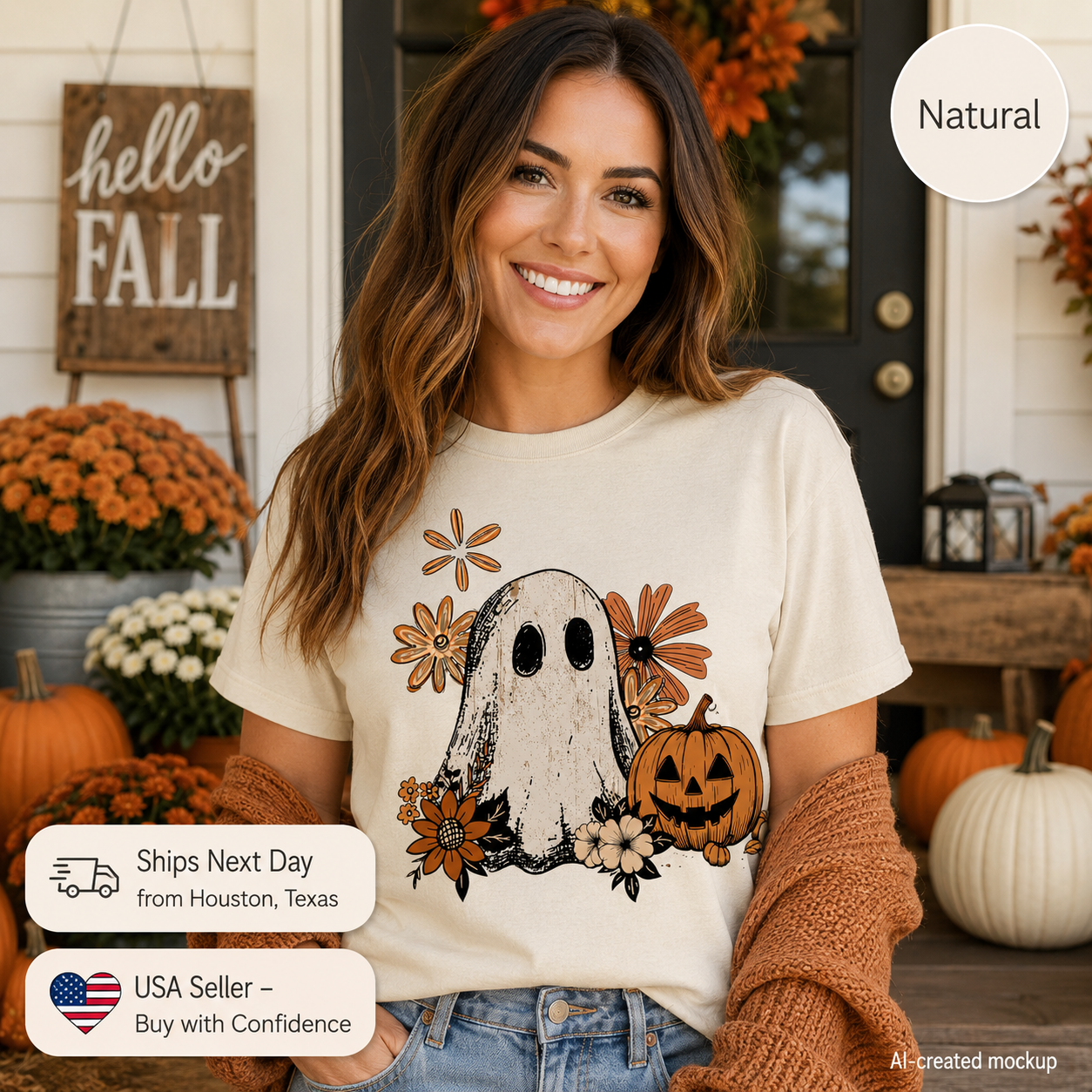 A woman wearing a cream-colored graphic t-shirt with a ghost and pumpkin design, styled with an orange knit sweater. The background is a decorated autumn porch with pumpkins, a 'hello FALL' sign, and a 'Natural' label overlay.