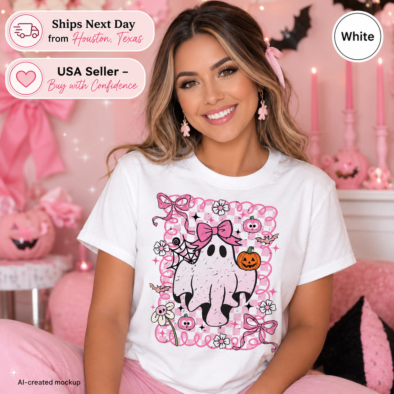 A woman wearing a white graphic t-shirt with a pink and black Halloween ghost design, posed in a pink-themed room with decorative pumpkins and candles. Text overlays indicate 'White' and shipping details.
