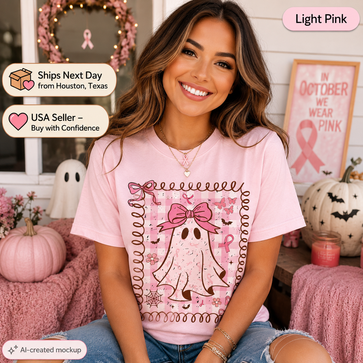A woman wearing a light pink graphic t-shirt with a Halloween-themed ghost design, posed in a cozy fall-themed room with pumpkins and pink decor. The image includes promotional text overlays for shipping and a USA seller guarantee.