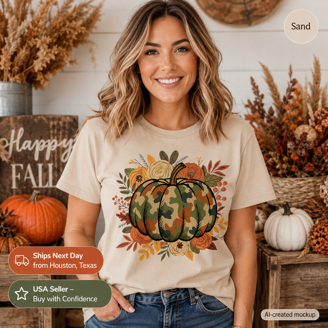A woman wearing a beige graphic t-shirt with a camouflage pumpkin design, set against a rustic fall-themed background with pumpkins and dried grass.