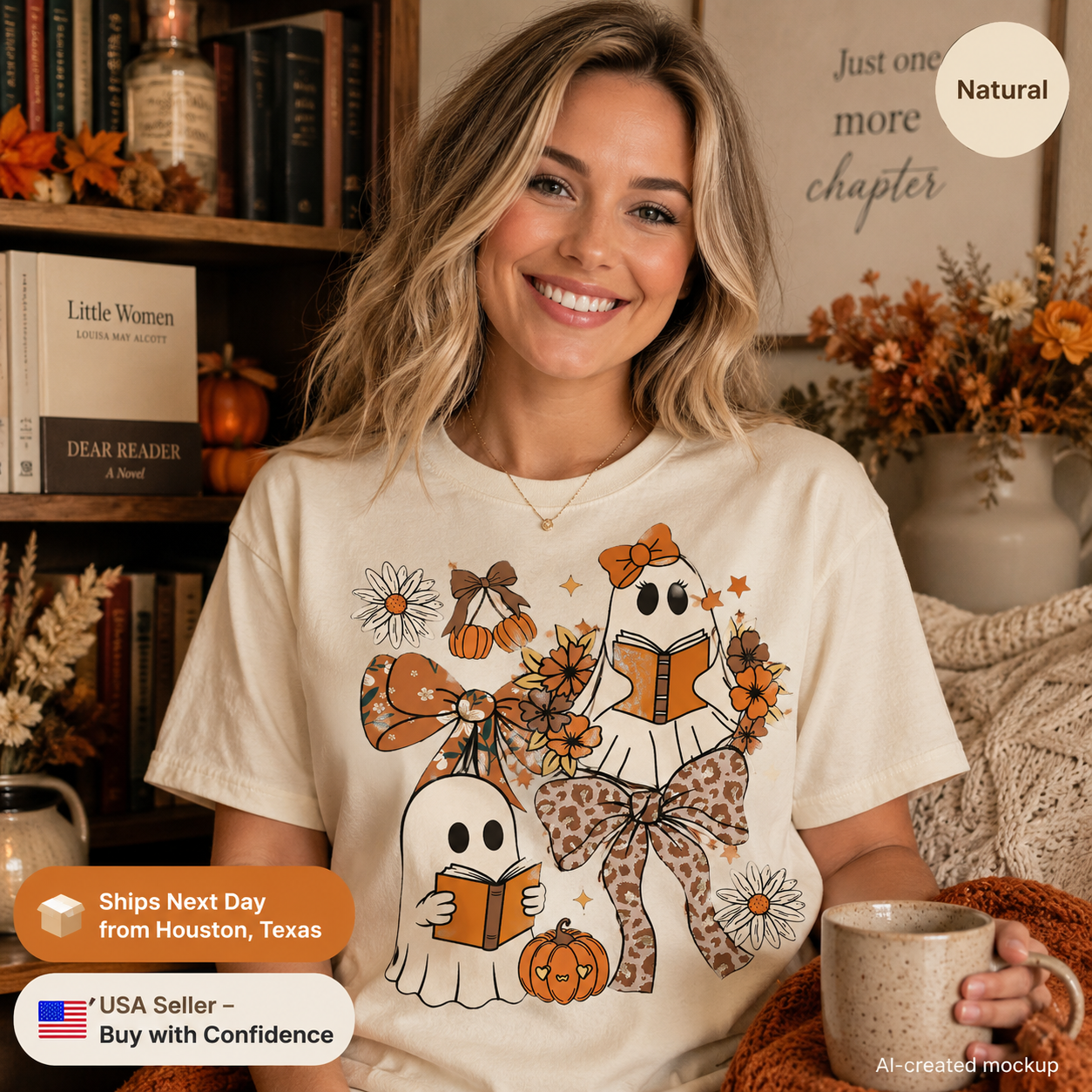 A smiling woman wearing a cream graphic T-shirt with cartoon ghosts reading books, autumn leaves, pumpkins, and bows, posed in a cozy book-filled room. Promotional badges appear around the edges including 'Natural' and shipping/USA seller claims.