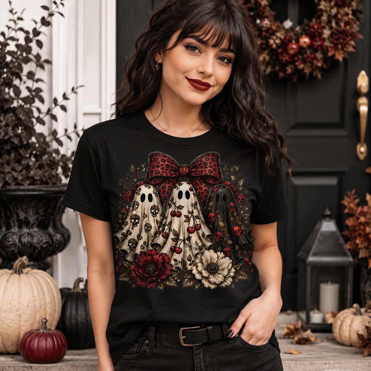 A woman wearing a black graphic t-shirt with a Halloween design of two ghosts under a red bow, posed in front of a dark door decorated with pumpkins and autumn wreaths.
