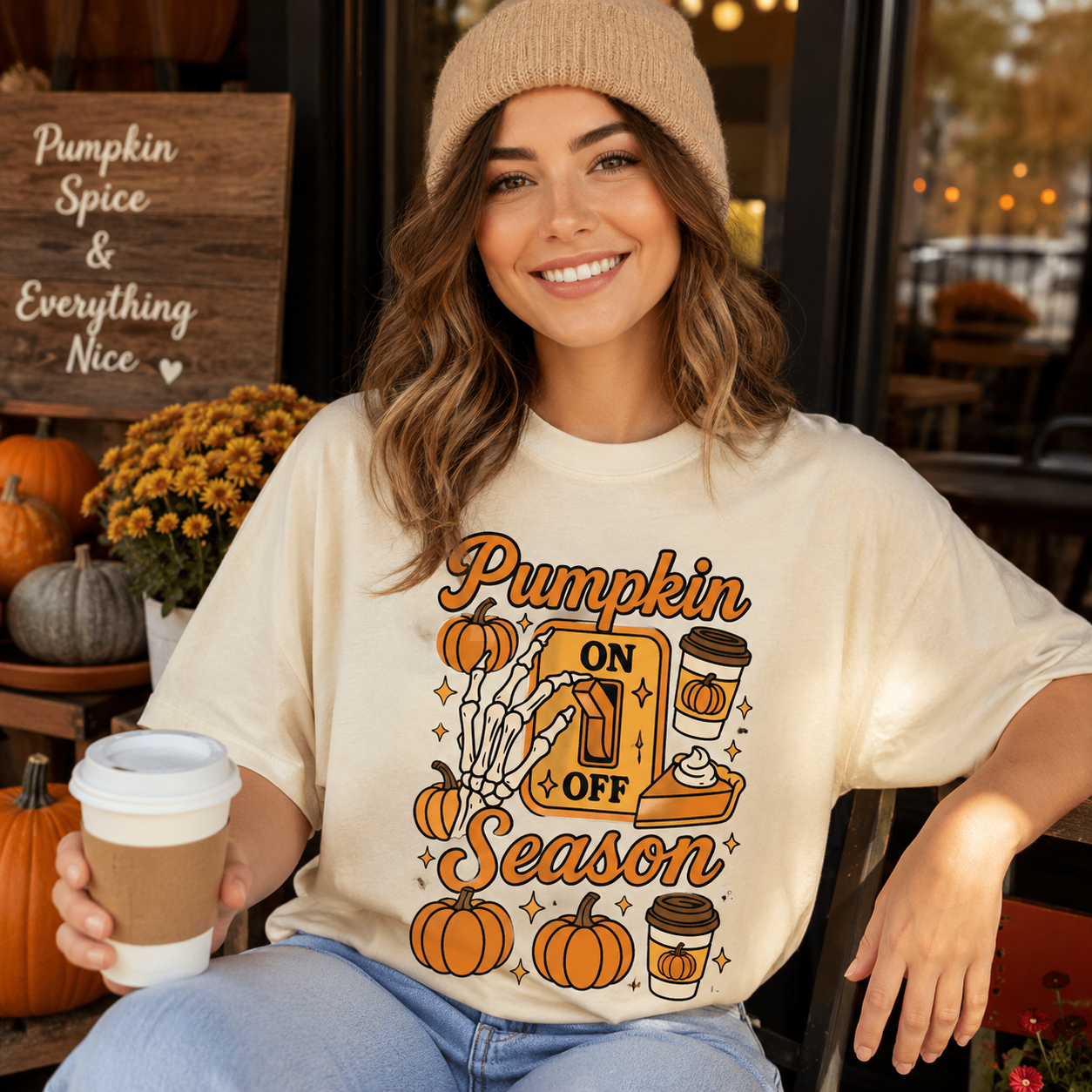 A woman wearing a beige beanie and a cream-colored graphic t-shirt sits in front of a storefront window. The t-shirt features a 'Pumpkin Season' graphic with pumpkins, coffee cups, and a slice of pie.