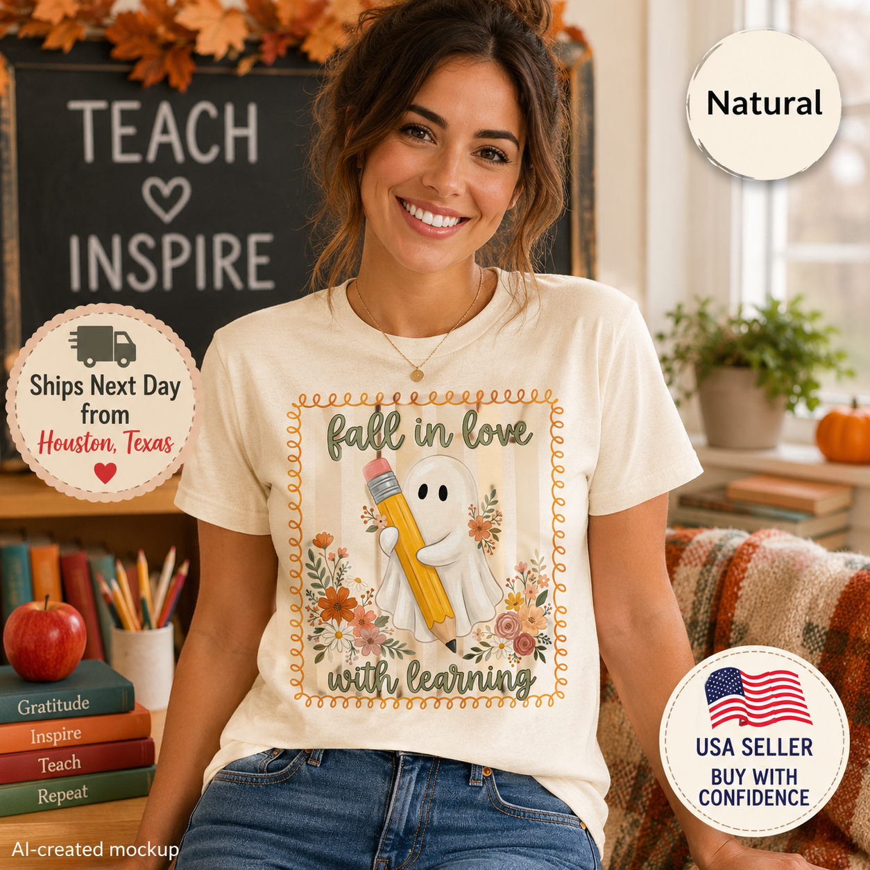 A woman wearing a cream-colored graphic t-shirt with a 'fall in love with learning' autumn ghost and pencil design, set in a cozy classroom-themed room with a chalkboard and books.
