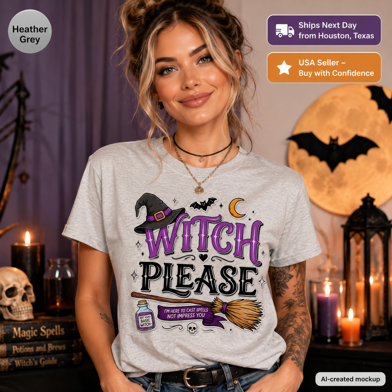 A woman wearing a light gray heather graphic T-shirt with a Halloween design that reads 'WITCH PLEASE' in purple and black, surrounded by witch hats, broomsticks, a potion bottle, and a crescent moon. The photo is styled in a dark, spooky room with candles, a skull, jars, and bat-shaped wall decor.