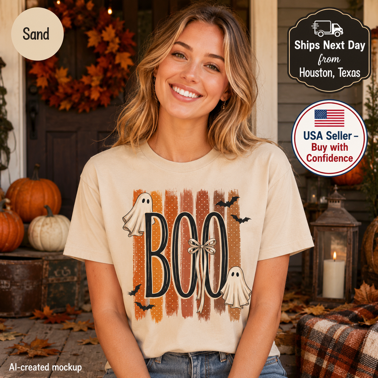 A woman wearing a beige graphic t-shirt with a Halloween 'BOO' design, posed in front of a decorated autumn porch. The t-shirt features the word 'BOO' in black over orange and brown vertical stripes, decorated with white ghosts, black bats, and a spider.
