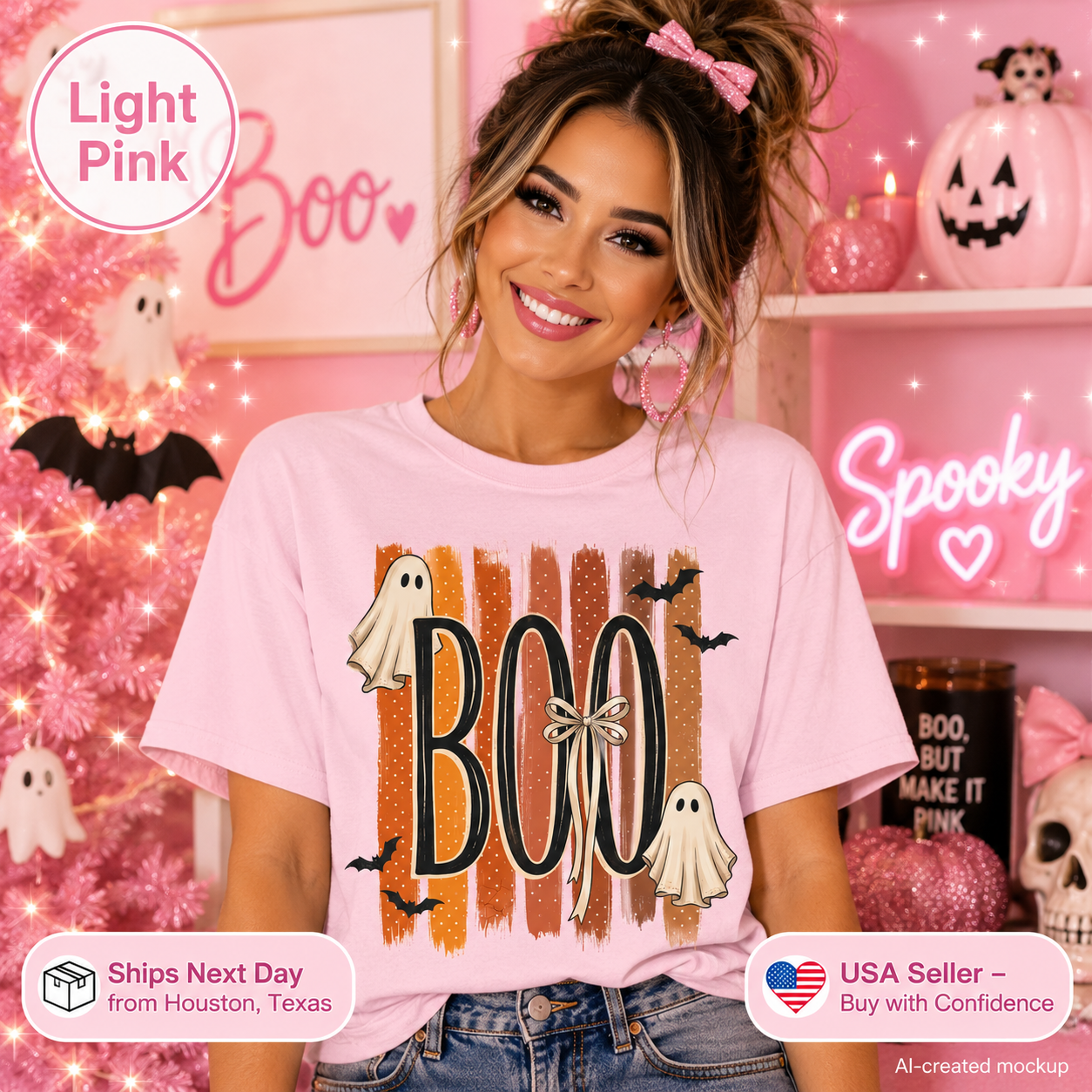 A woman wearing a light pink graphic t-shirt with a Halloween 'BOO' design, posed in a festive pink-themed room with jack-o'-lanterns and a neon sign.