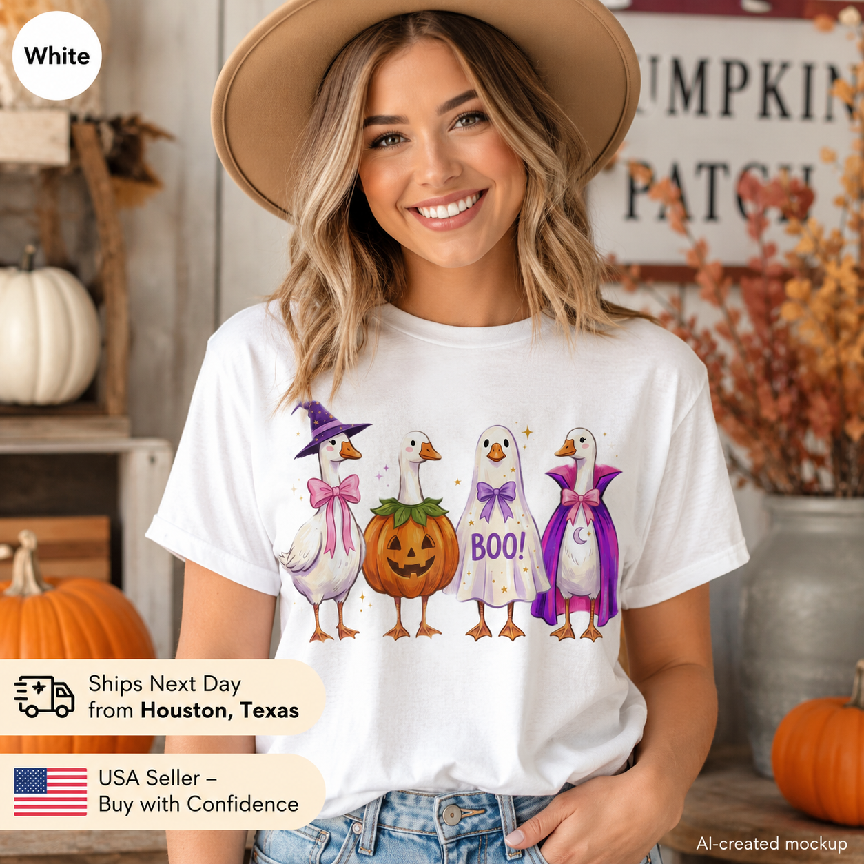A woman wearing a white graphic t-shirt with a Halloween-themed print of four cartoon geese, shown in a rustic autumn-themed setting with pumpkins and fall decorations.